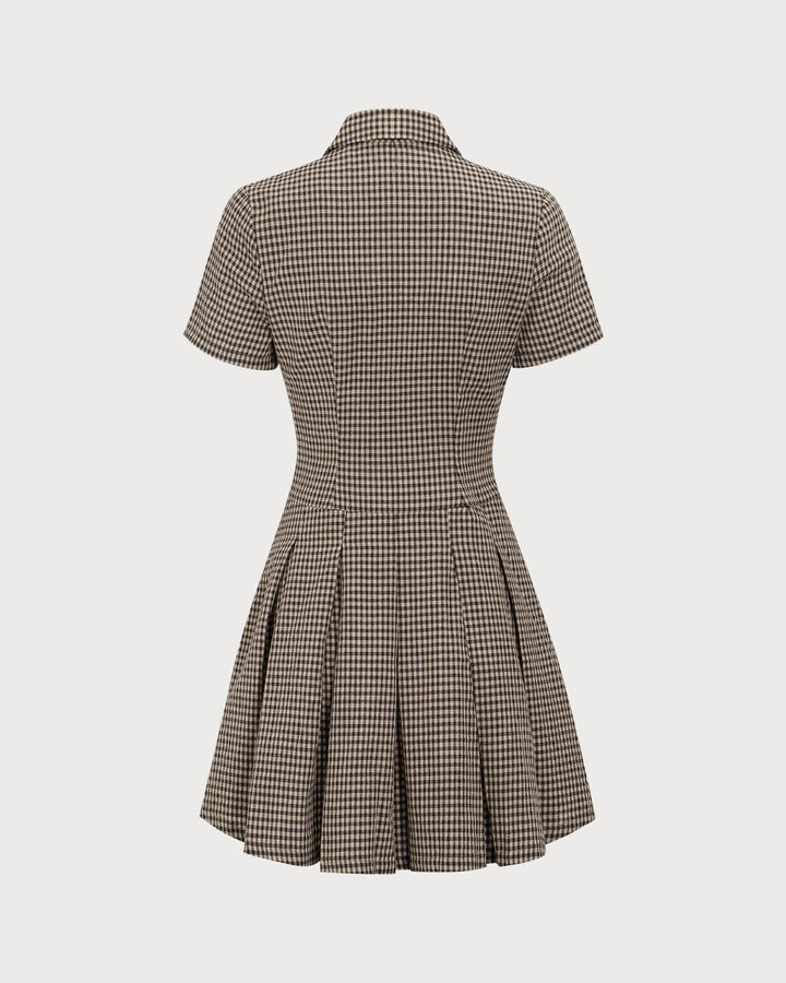 Brown Plaid Lapel Pleated Mini Dress