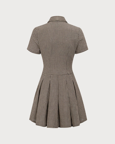 Brown Plaid Lapel Pleated Mini Dress