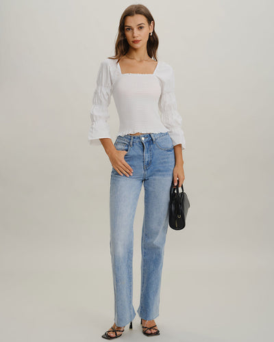 White Square Neck Shirred Blouse