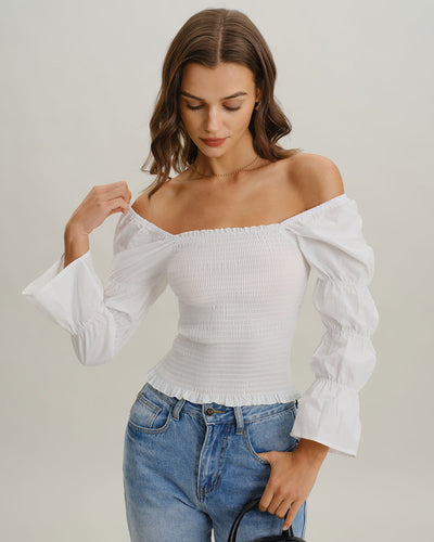 White Square Neck Shirred Blouse