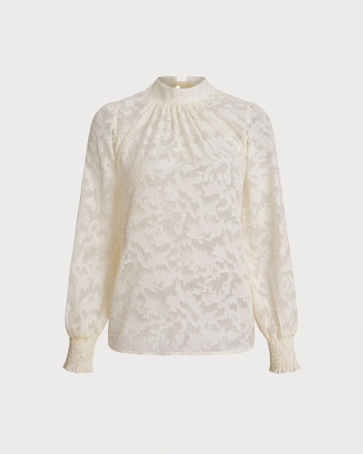 Apricot Jacquard Mock Neck Blouse - Celestia Couture