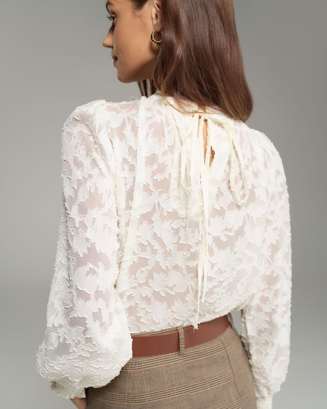 Apricot Jacquard Mock Neck Blouse - Celestia Couture