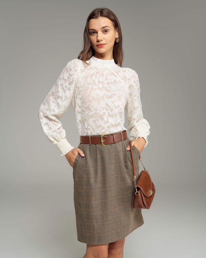 Apricot Jacquard Mock Neck Blouse - Celestia Couture