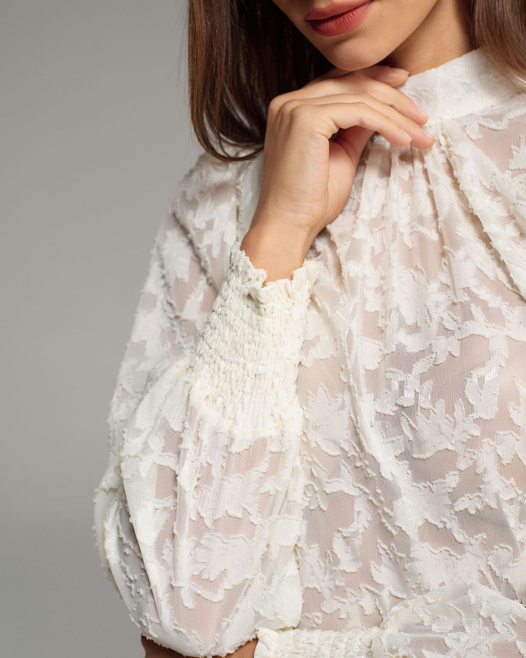 Apricot Jacquard Mock Neck Blouse - Celestia Couture