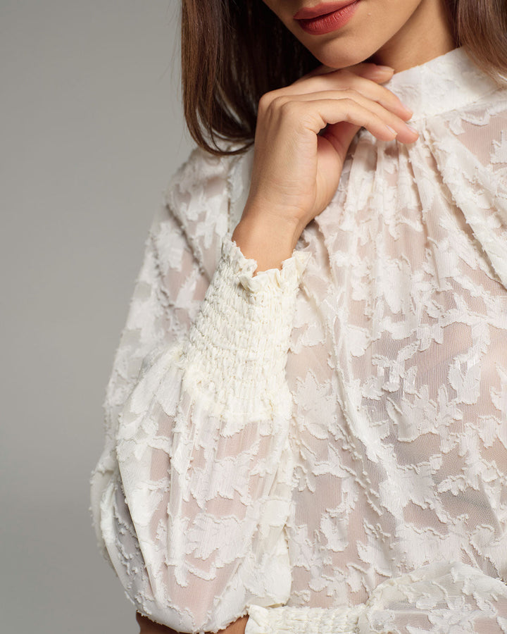 Apricot Jacquard Mock Neck Blouse - Celestia Couture