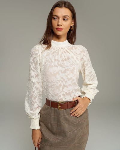 Apricot Jacquard Mock Neck Blouse