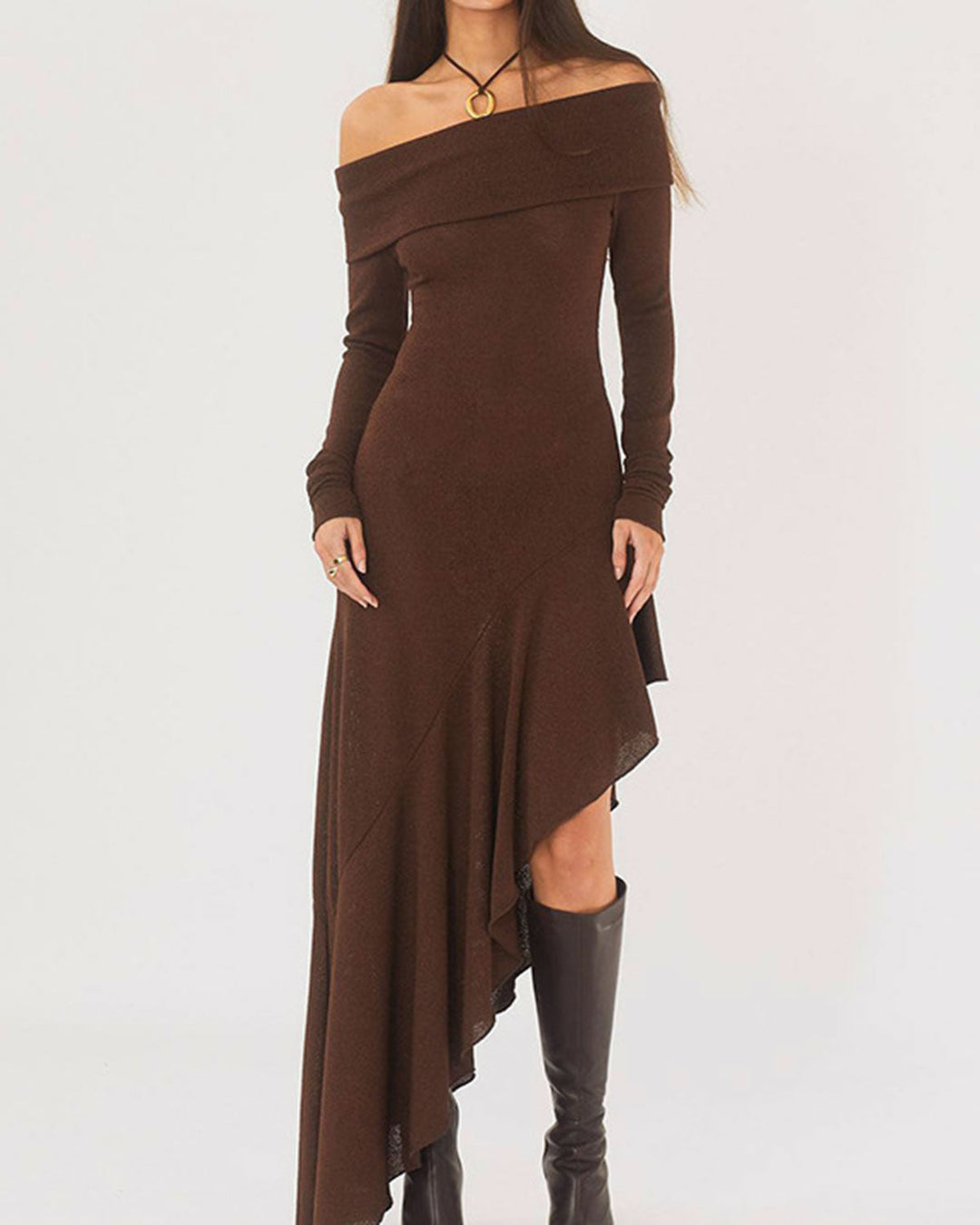Coffee Off-the-shoulder Maxi Dress - Celestia Couture