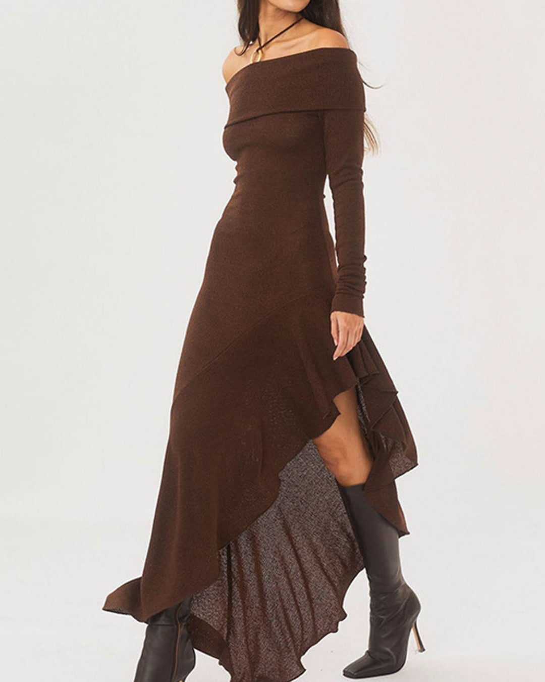 Coffee Off-the-shoulder Maxi Dress - Celestia Couture