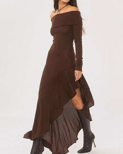 Coffee Off-the-shoulder Maxi Dress
