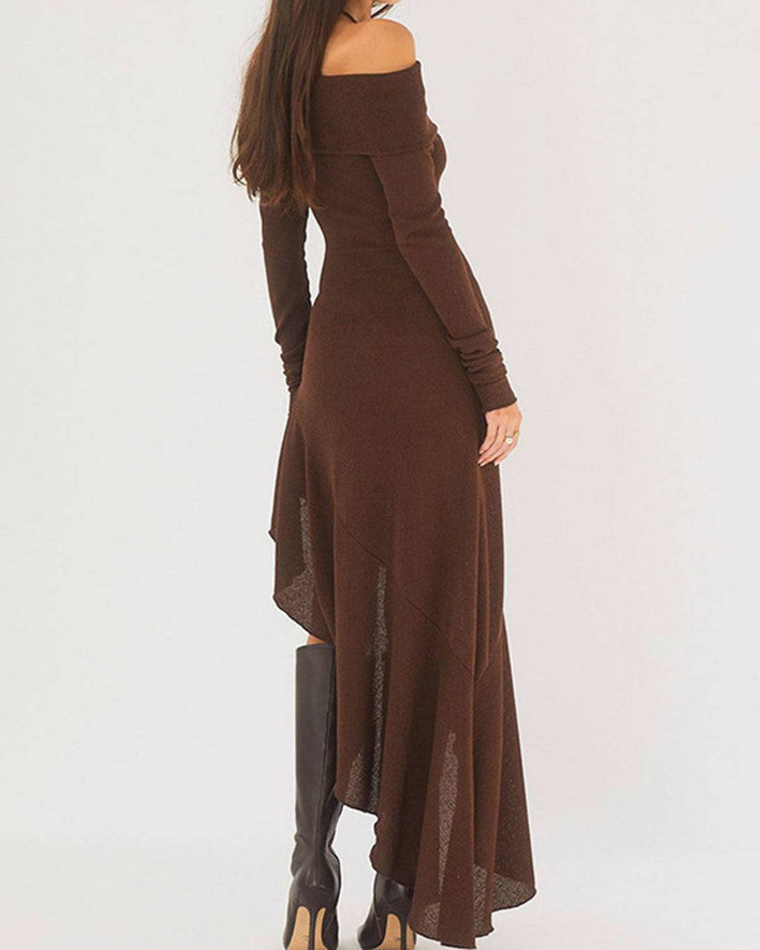 Coffee Off-the-shoulder Maxi Dress - Celestia Couture