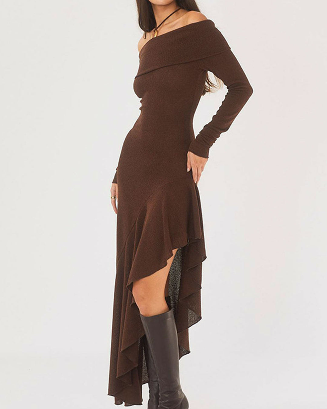 Coffee Off-the-shoulder Maxi Dress - Celestia Couture