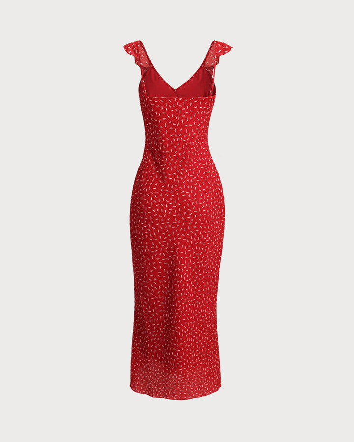 Red Floral V Neck Ruffle Maxi Dress - Celestia Couture