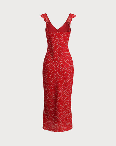 Red Floral V Neck Ruffle Maxi Dress