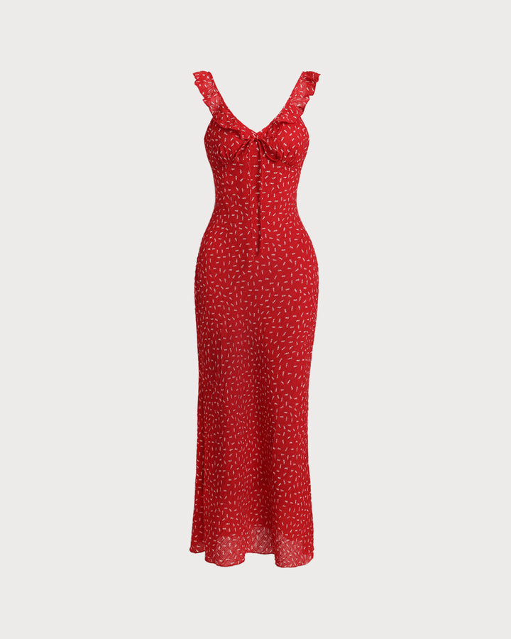 Red Floral V Neck Ruffle Maxi Dress - Celestia Couture