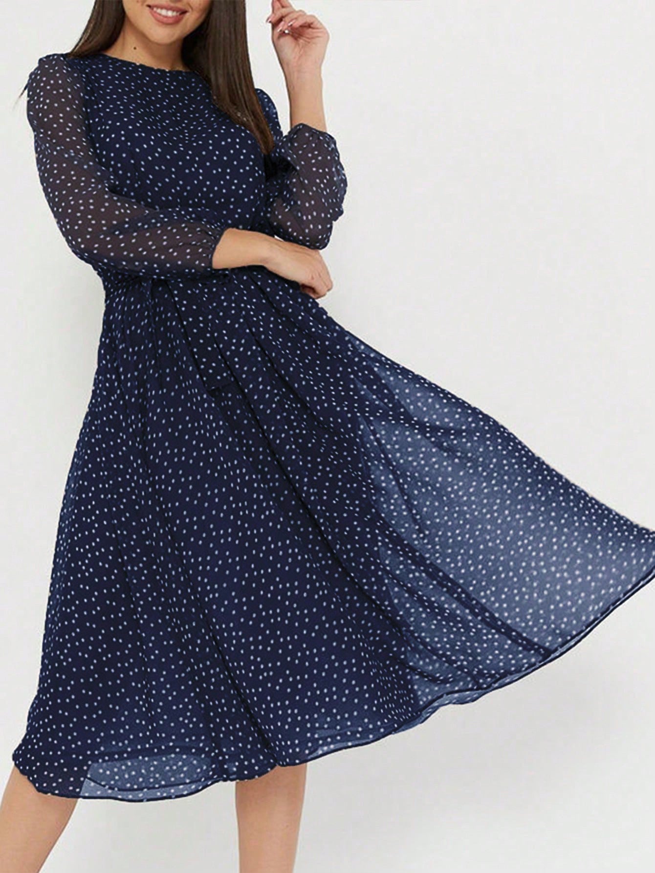 Blue Polka Dot A-Line Midi Dress