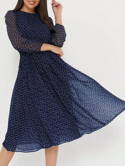 Blue Polka Dot A-Line Midi Dress