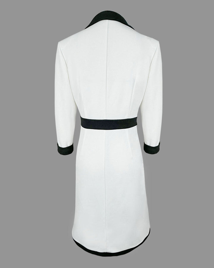 White Contrasting V Neck Button Midi Dress
