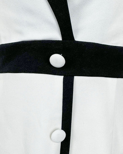 White Contrasting V Neck Button Midi Dress