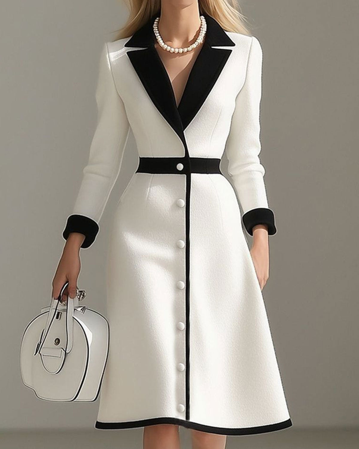 White Contrasting V Neck Button Midi Dress