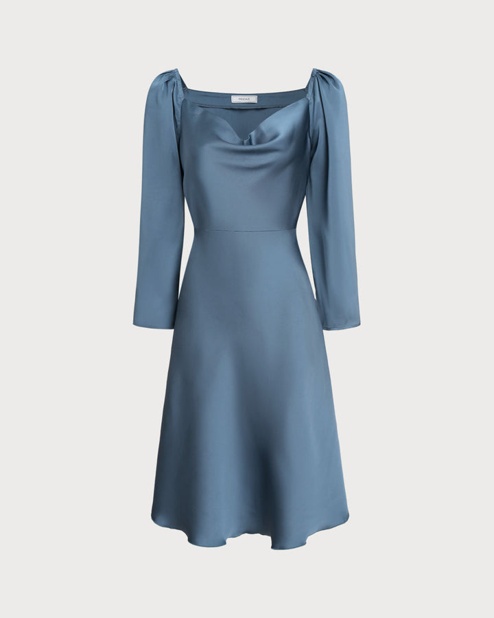 Blue Cowl Neck A-Line Midi Dress - Celestia Couture