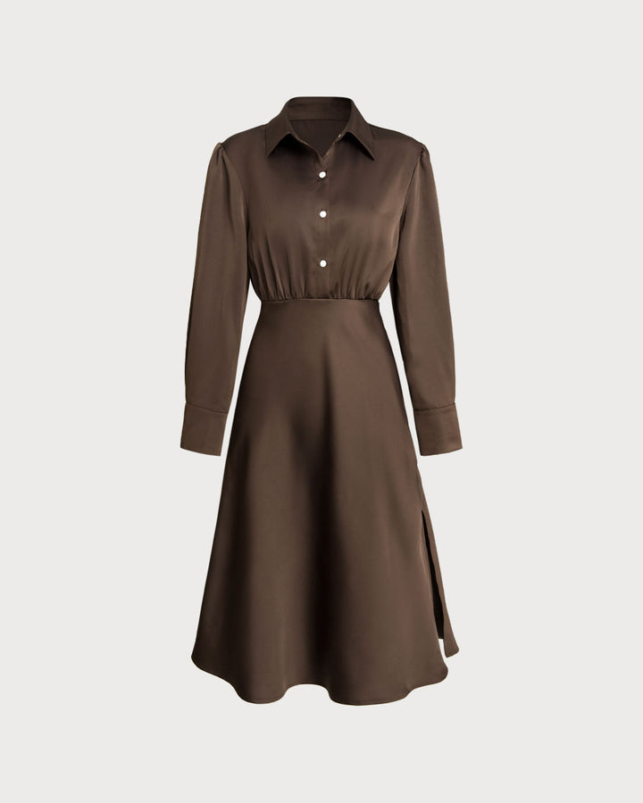 Coffee Ruched Button Midi Dress - Celestia Couture