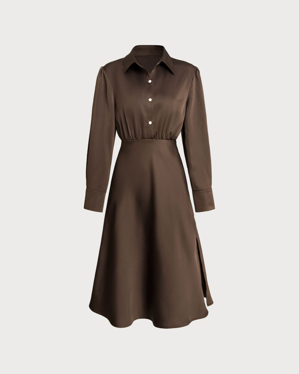 Coffee Ruched Button Midi Dress