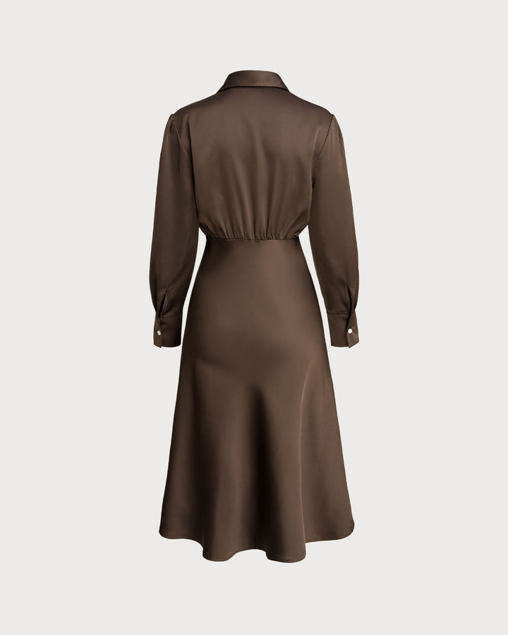 Coffee Ruched Button Midi Dress - Celestia Couture