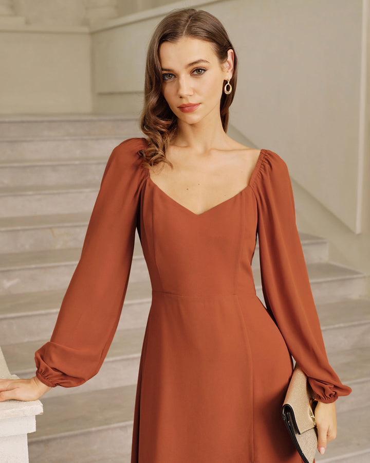 Red Puffed Sleeve Slit Midi Dress - Celestia Couture