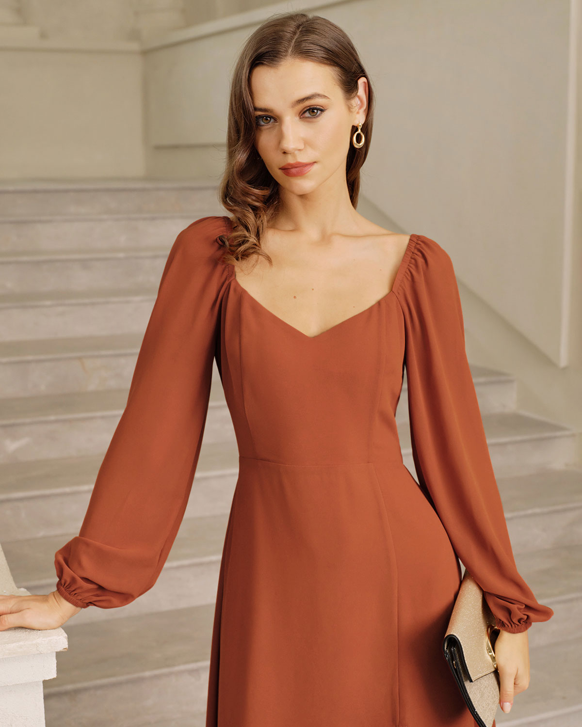 Red Puffed Sleeve Slit Midi Dress