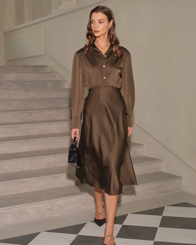 Coffee Ruched Button Midi Dress