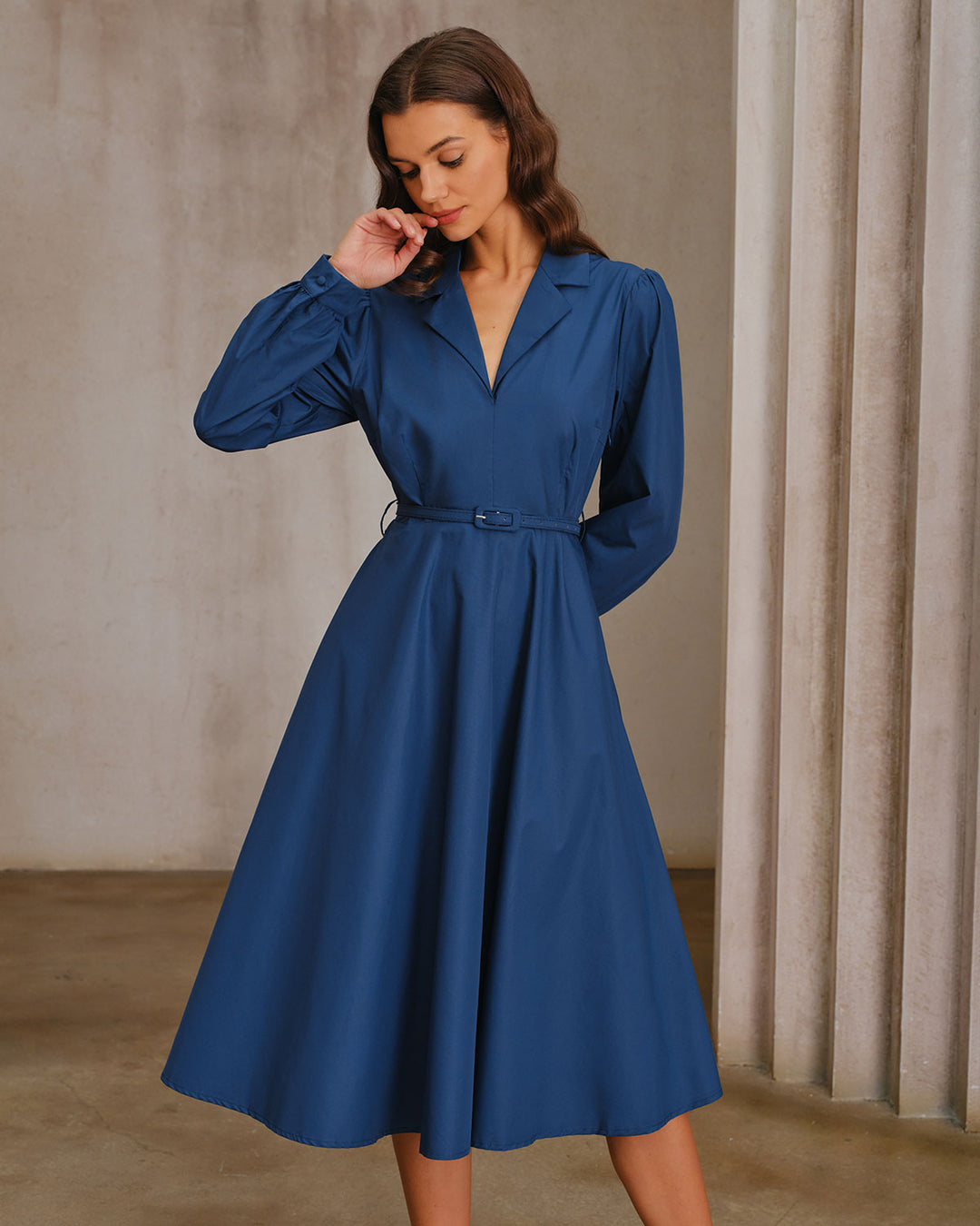 Blue V-Neck Belt Midi Dress - Celestia Couture