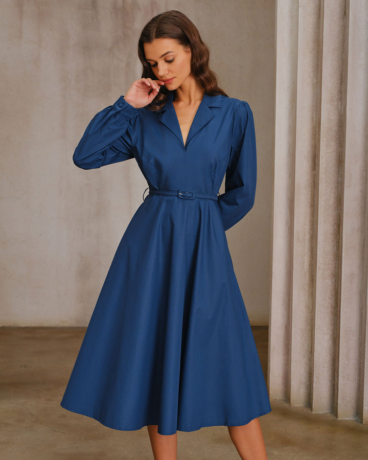 Blue V-Neck Belt Midi Dress - Celestia Couture