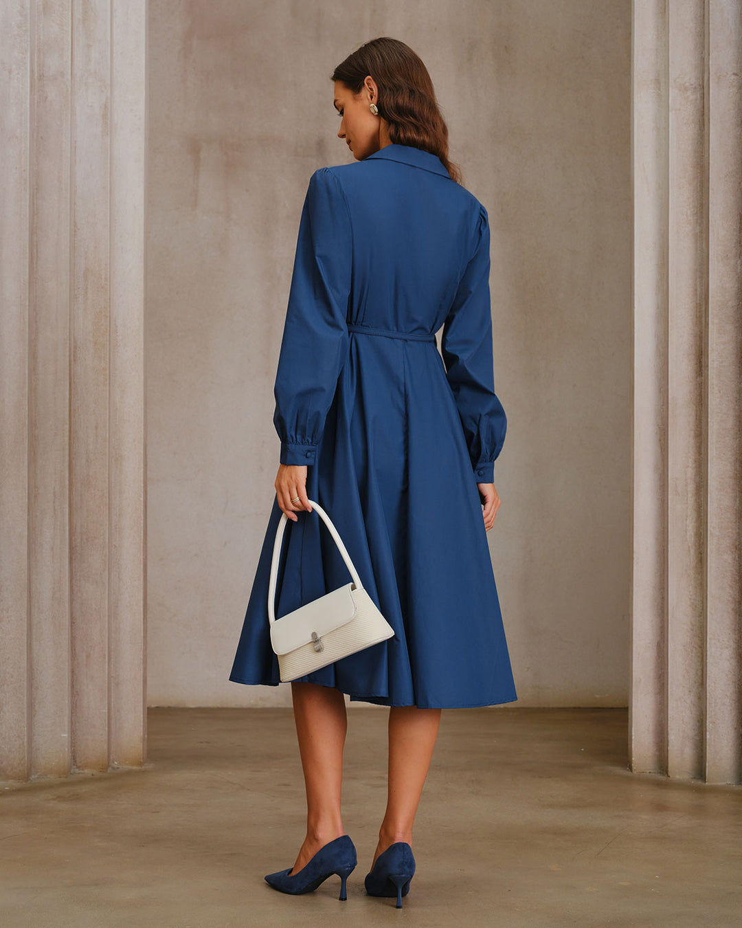 Blue V-Neck Belt Midi Dress - Celestia Couture