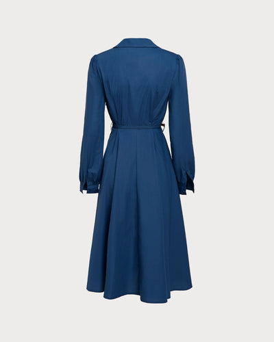 Blue V-Neck Belt Midi Dress