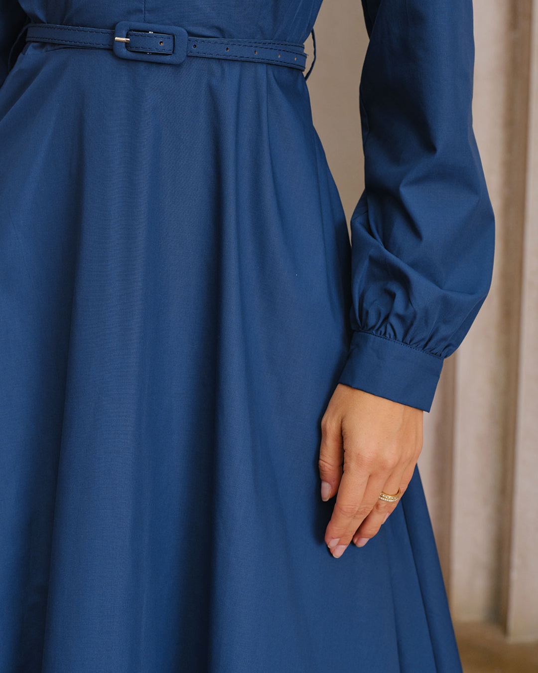Blue V-Neck Belt Midi Dress - Celestia Couture