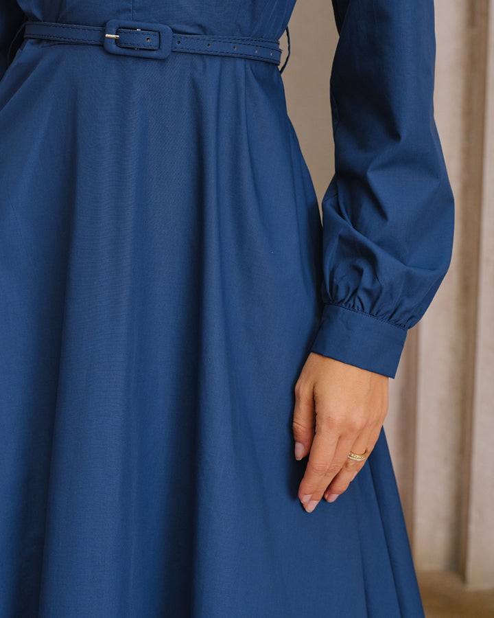 Blue V-Neck Belt Midi Dress - Celestia Couture