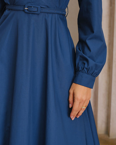 Blue V-Neck Belt Midi Dress