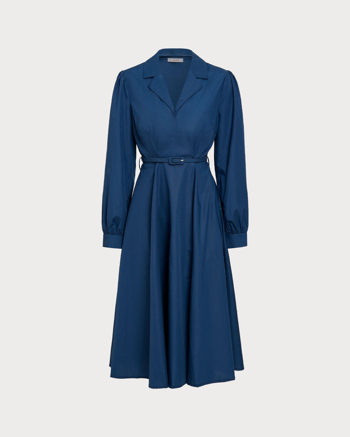 Blue V-Neck Belt Midi Dress - Celestia Couture