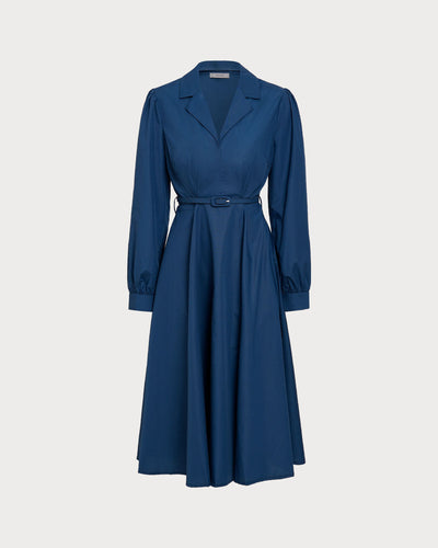Blue V-Neck Belt Midi Dress