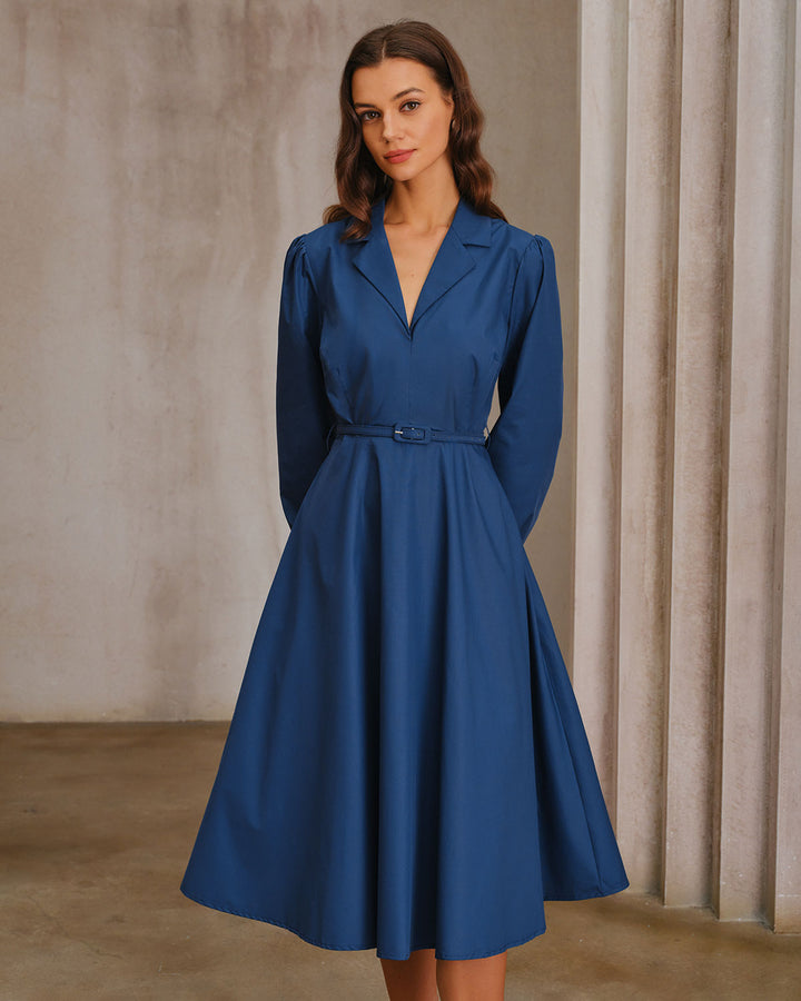 Blue V-Neck Belt Midi Dress - Celestia Couture