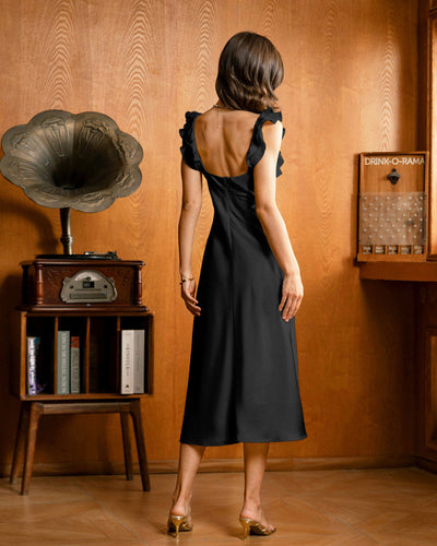 Square Neck Ruffle Satin Midi Dress