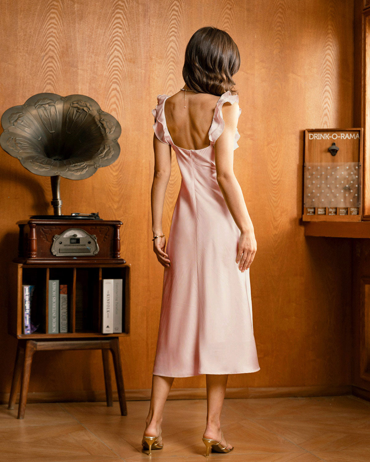 Square Neck Ruffle Satin Midi Dress
