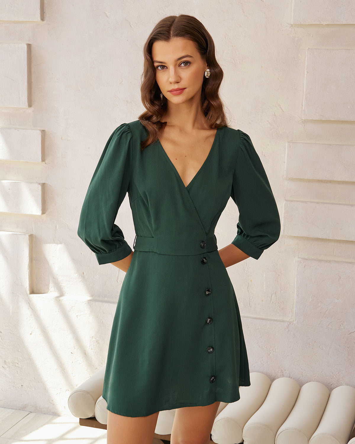 Green Wrap A-Line Mini Dress