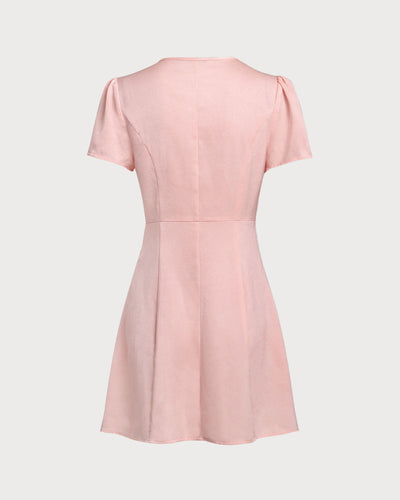 Pink V Neck Button Mini Dress