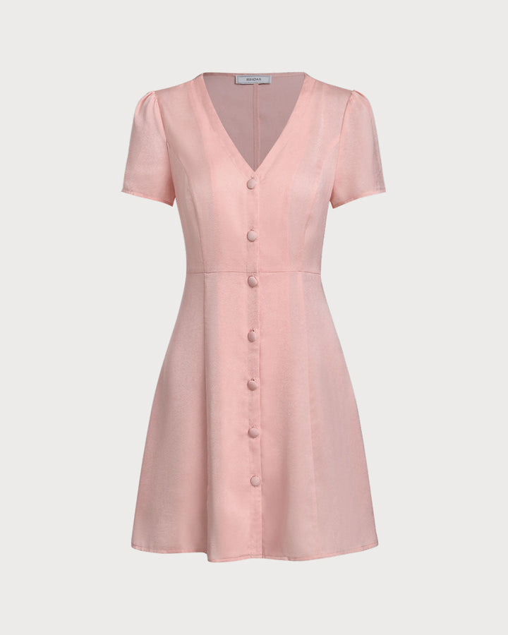 Pink V Neck Button Mini Dress - Celestia Couture