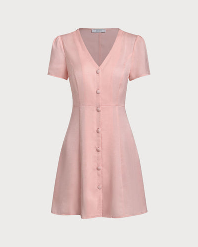 Pink V Neck Button Mini Dress