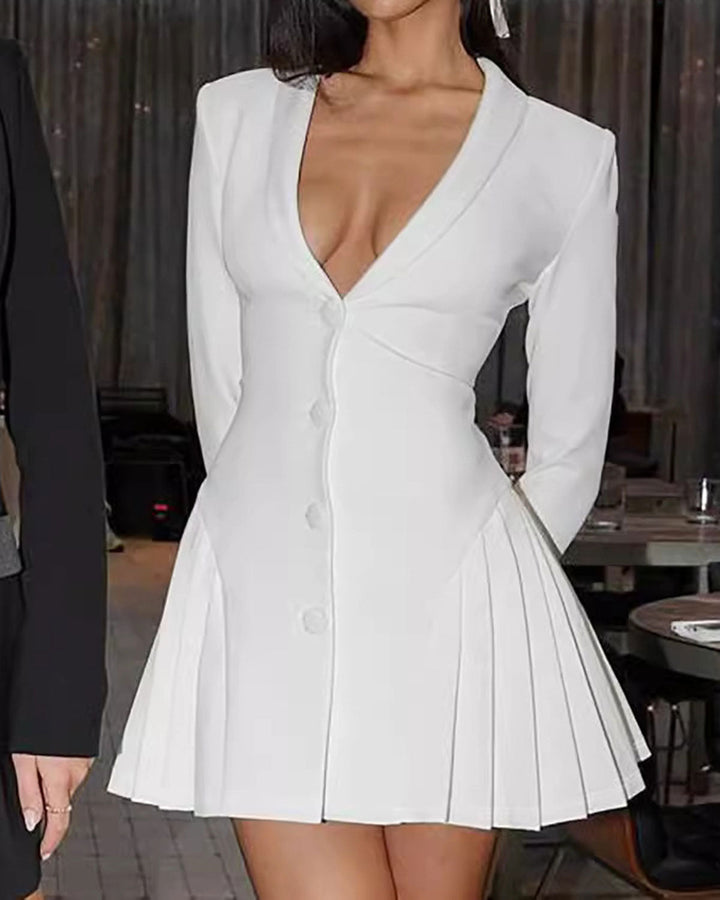 White V Neck A-Line Button Mini Dress