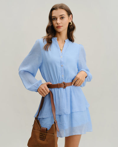 Blue V-Neck Tiered Mini Dress