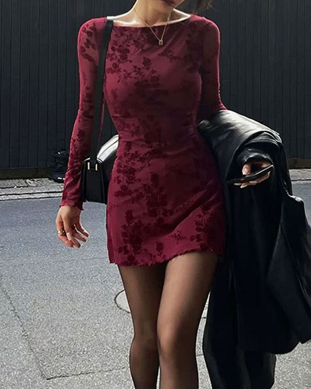 Red Floral Round Neck Mini Dress - Celestia Couture