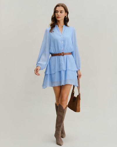 Blue V-Neck Tiered Mini Dress